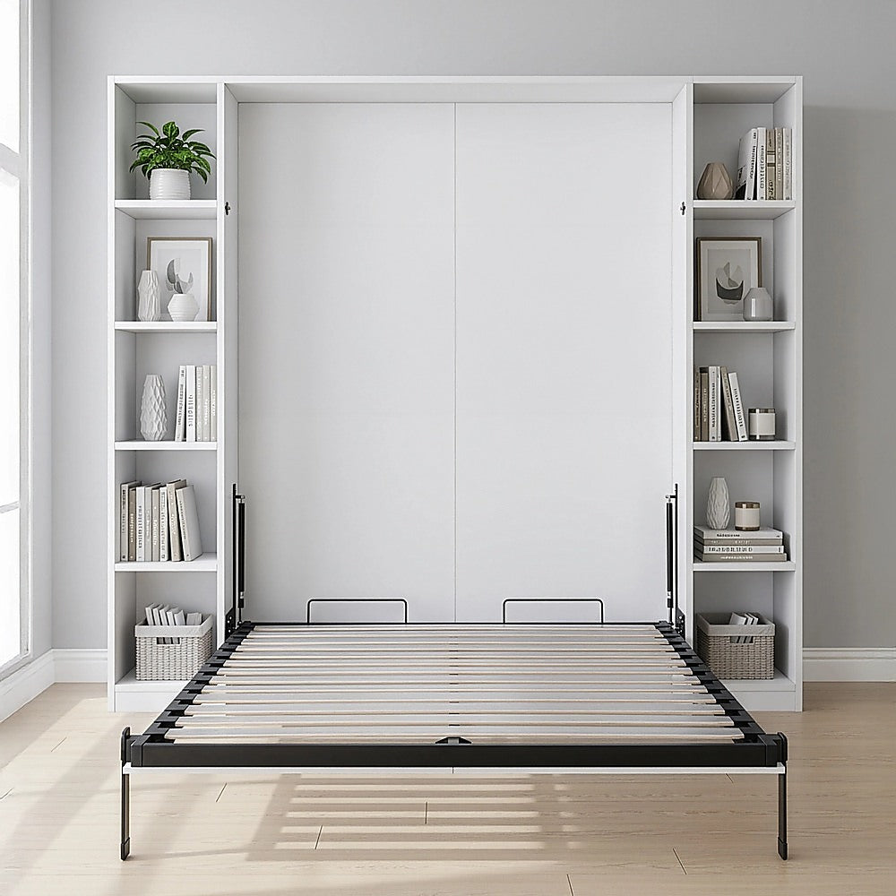 Queen Wall Bed in White Gloss – Space Saving Murphy Bed Kit with Silver Door Handle