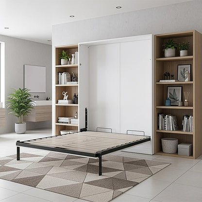 Queen Wall Bed in White Gloss – Space Saving Murphy Bed Kit with Silver Door Handle