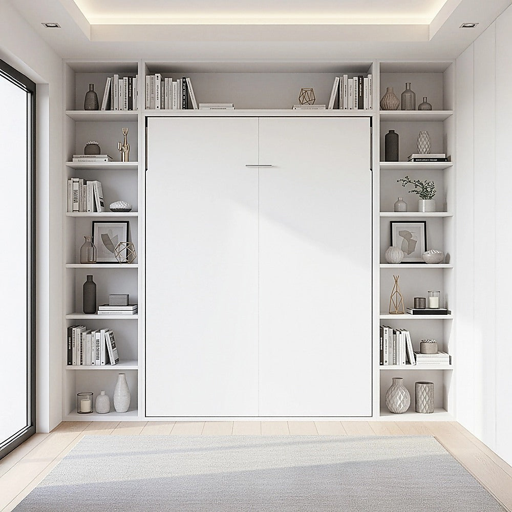 Queen Wall Bed in White Gloss – Space Saving Murphy Bed Kit with Silver Door Handle