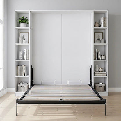 Queen Wall Bed in White Gloss – Space Saving Murphy Bed Kit with Gold Door Handle