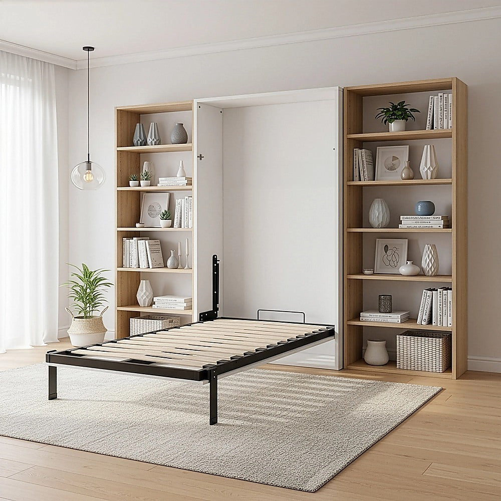 Single Wall Bed in White Gloss – Space Saving Murphy Bed Kit with Black Door Handle