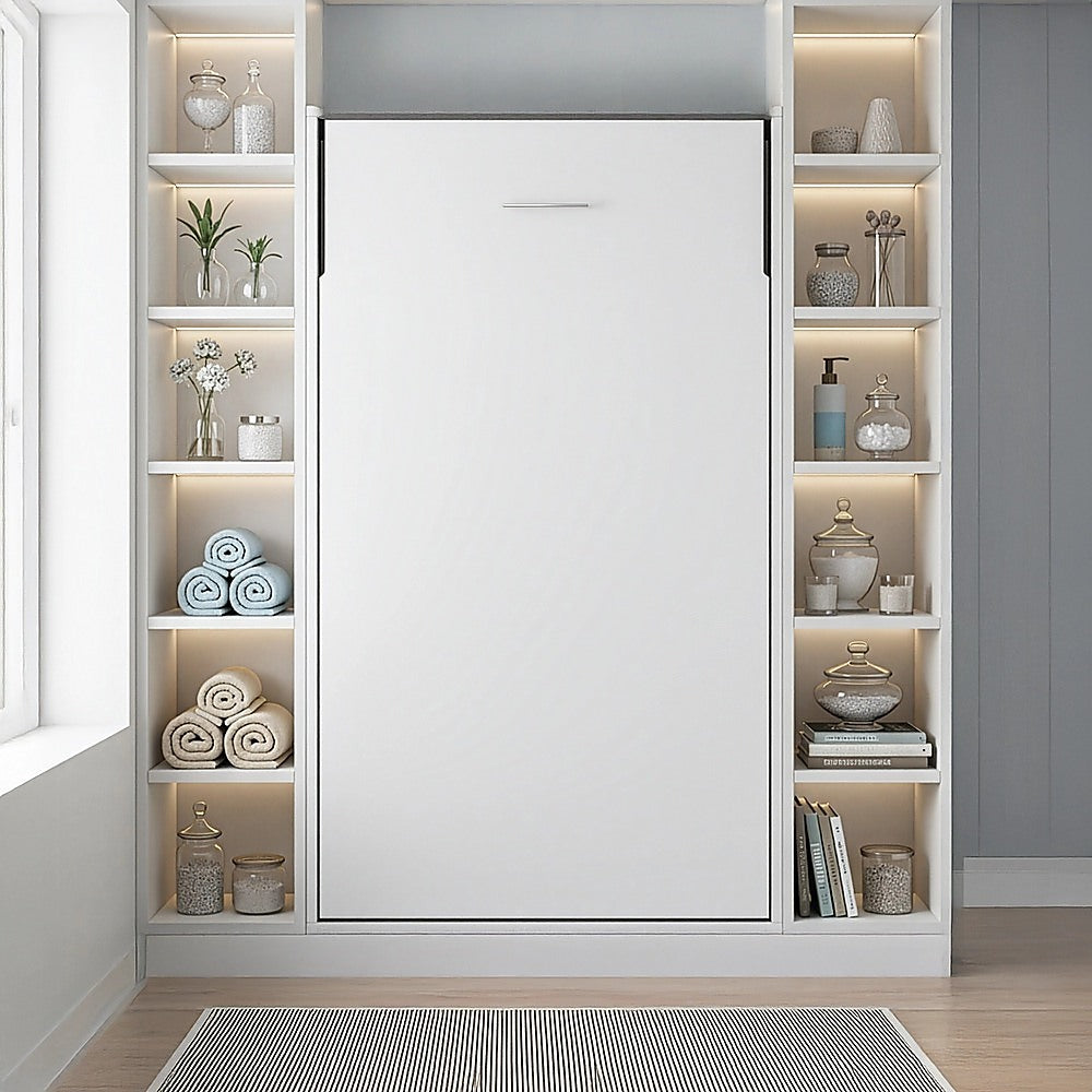 Single Wall Bed in White Gloss – Space Saving Murphy Bed Kit with Black Door Handle