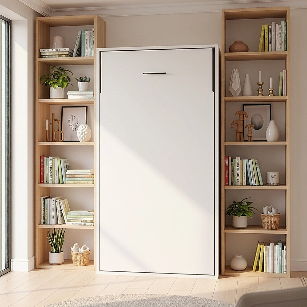 Single Wall Bed in White Gloss – Space Saving Murphy Bed Kit with Gold Door Handle