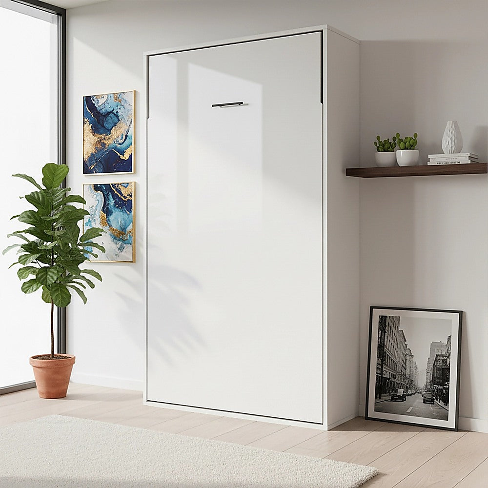 King-single Wall Bed in White Gloss – Space Saving Murphy Bed Kit with Silver Door Handle