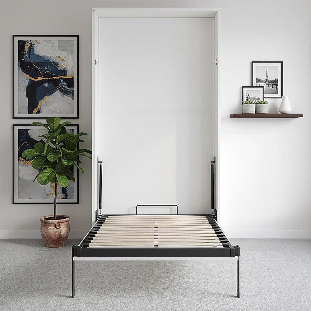 King-single Wall Bed in White – Space Saving Murphy Bed Kit with Black Door Handle
