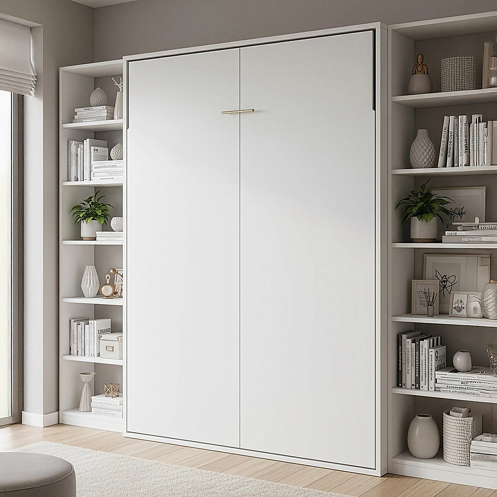 Queen Wall Bed in White – Space Saving Murphy Bed Kit with Gold Door Handle