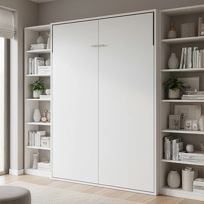 Queen Wall Bed in White – Space Saving Murphy Bed Kit with Gold Door Handle