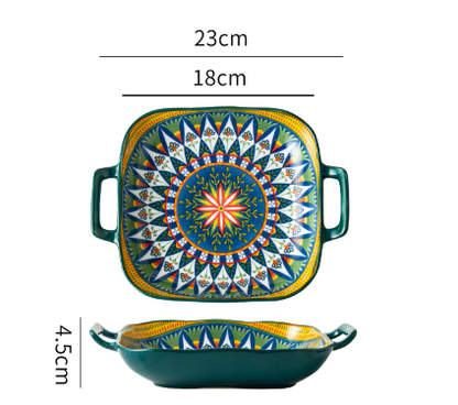 Ember 9-Inch Bohemian Ceramic Double-Handled Square Plate