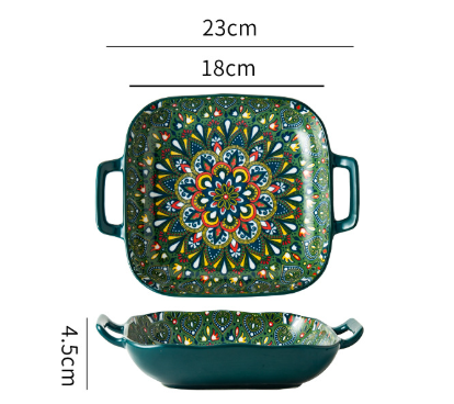Emerald Plume 9-Inch Bohemian Ceramic Double-Handled Square Plate