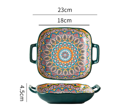 Morocco 9-Inch Bohemian Ceramic Double-Handled Square Plate