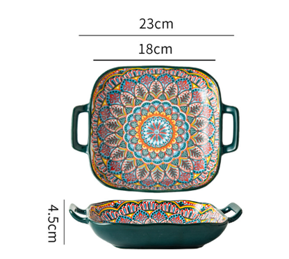 Morocco 9-Inch Bohemian Ceramic Double-Handled Square Plate