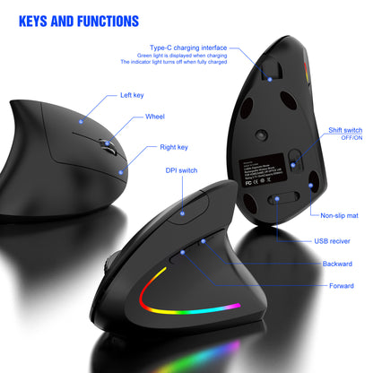 Ergonomic Vertical Wireless Mouse - 2.4G/Bluetooth, Rechargeable, RGB Light, 4 DPI Levels(grey)