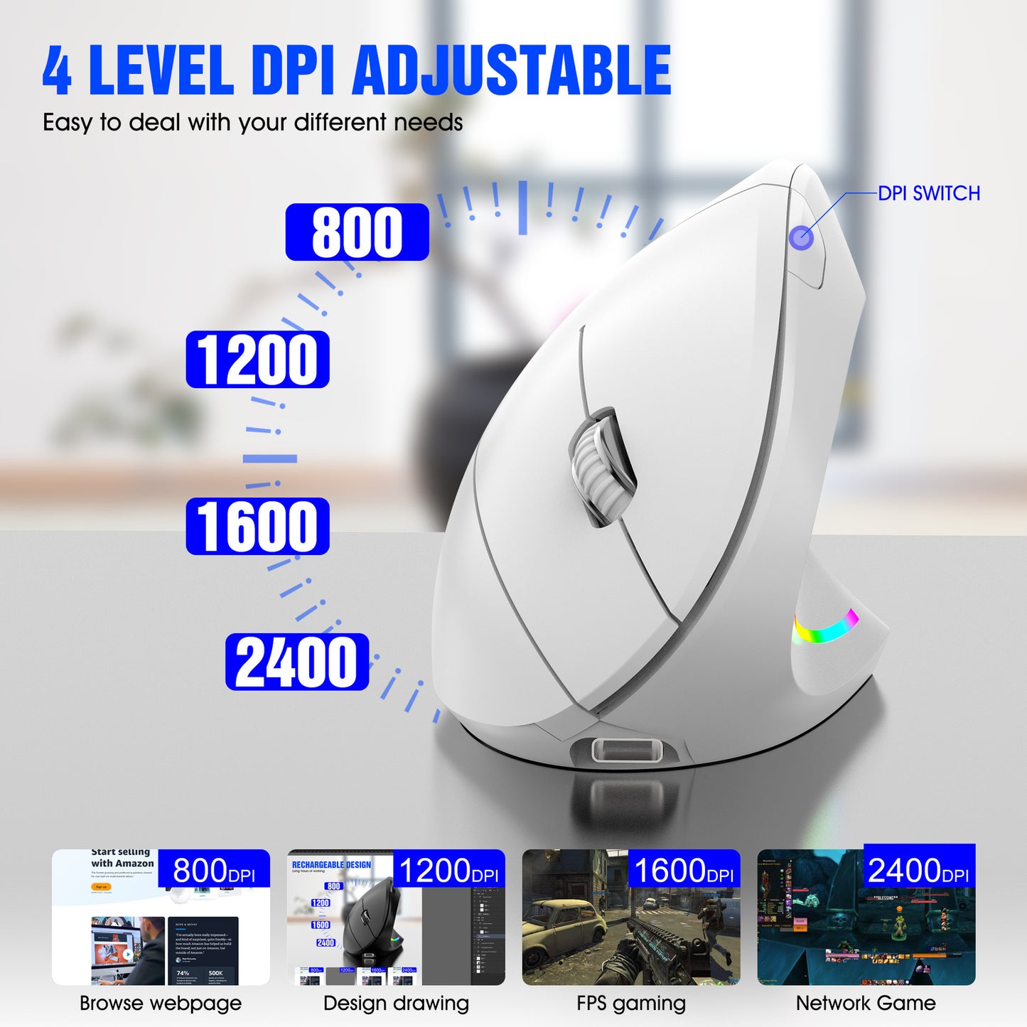 Ergonomic Vertical Wireless Mouse - 2.4G/Bluetooth, Rechargeable, RGB Light, 4 DPI Levels(grey)