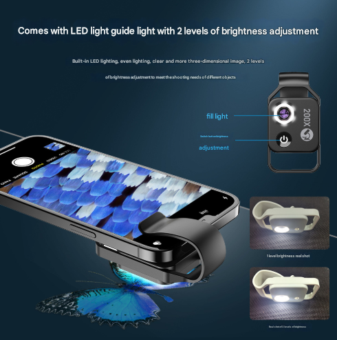 Black Portable 200X Clip-On Microscope Lens for Smartphone - HD Pocket Magnifier with CPL Filter and LED Light(excluding mobile phones)