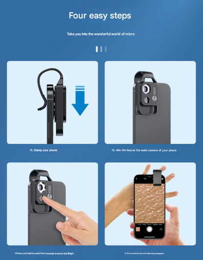 Black Portable 200X Clip-On Microscope Lens for Smartphone - HD Pocket Magnifier with CPL Filter and LED Light(excluding mobile phones)