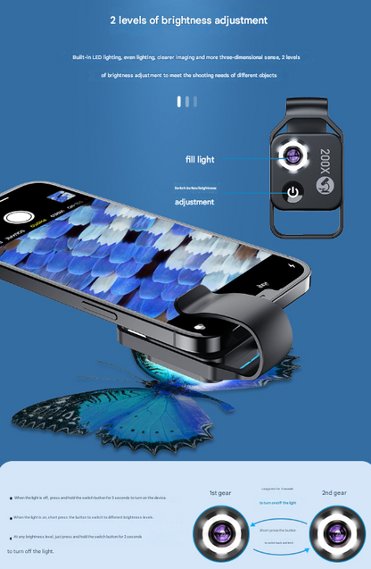 White Portable 200X Clip-On Microscope Lens for Smartphone - HD Pocket Magnifier with CPL Filter and LED Light(excluding mobile phones)