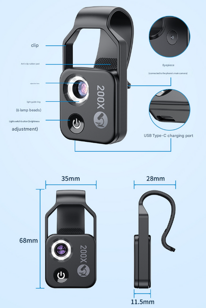 White Portable 200X Clip-On Microscope Lens for Smartphone - HD Pocket Magnifier with CPL Filter and LED Light(excluding mobile phones)