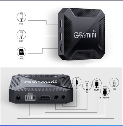 Black G96mini 8K Android TV Box 8G+128G — 5G Dual WiFi Smart Media Player with Voice Remote and HDMI Cable, Australian Plug