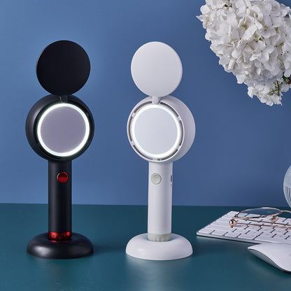 Black 2-in-1 Handheld Fan with LED Makeup Mirror - Portable USB Rechargeable Beauty Light Fan with Desktop Base - 3 Speed Quiet Airflow for Travel & Summer