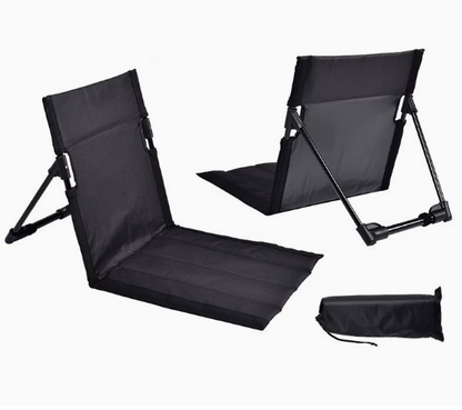 Black Portable Outdoor Ground Chair with Back Support Folding Beach Mat Seat Lightweight Aluminium Frame for Camping Festivals and Picnics