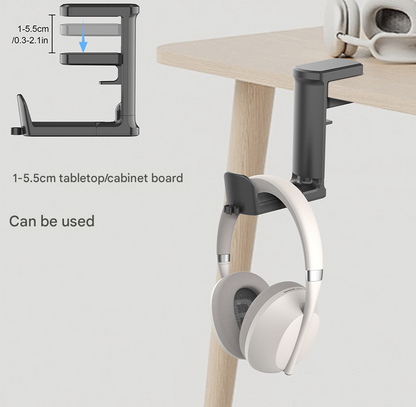 White Under Desk Headphone Hanger Clamp 360 Degree Rotating - Adjustable Headset Holder Hook with Cable Organiser for Home Office & Gaming Setup (Fits 1-5.5cm Desks)
