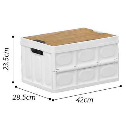 White Collapsible Medium Standard Storage Box with Wooden Table Top(42x28x23CM) - Car Trunk Organiser for Australian Camping & Home Use