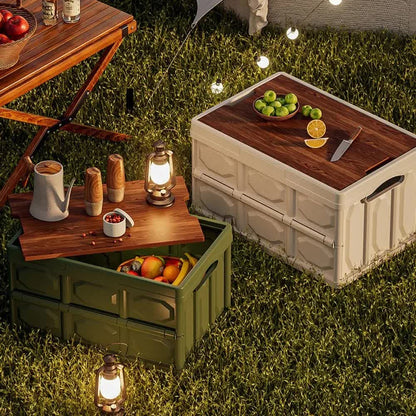 Green Collapsible Medium Standard Storage Box with Wooden Table Top(42x28x23CM) - Car Trunk Organiser for Australian Camping & Home Use