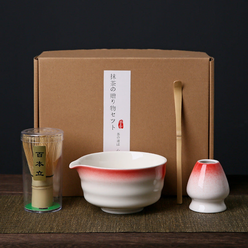 Red and white Complete Matcha Tea Ceremony Set - 4-Piece Japanese Traditional Whisk, Bowl, Whisk Holder & Scoop for Authentic Preparation at Home