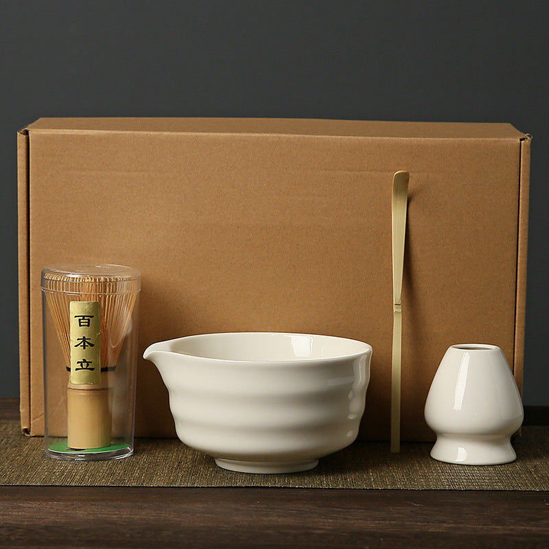 White Complete Matcha Tea Ceremony Set - 4-Piece Japanese Traditional Whisk, Bowl, Whisk Holder & Scoop for Authentic Preparation at Home