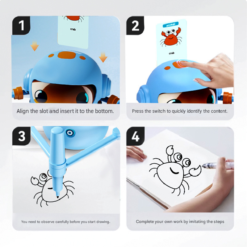 Blue Interactive Drawing Robot Educational Art Toy for Kids Smart Voice Guide Step-by-Step Painting Tutor with Cards
