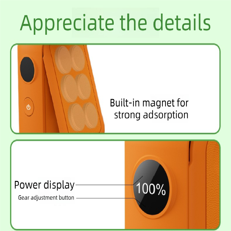 Orange Portable Handheld Fan 350 Degree Rotation Foldable Neck Hanging Waist Fan with Magnetic Base LED Display 5 Speed Personal Fan