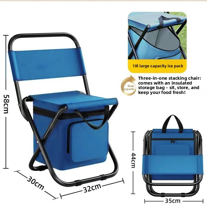 Blue 3-in-1 Portable Folding Camping Chair with Built-in 10L Cooler Bag Lightweight Backpack Stool for Fishing Beach and Outdoor Picnics