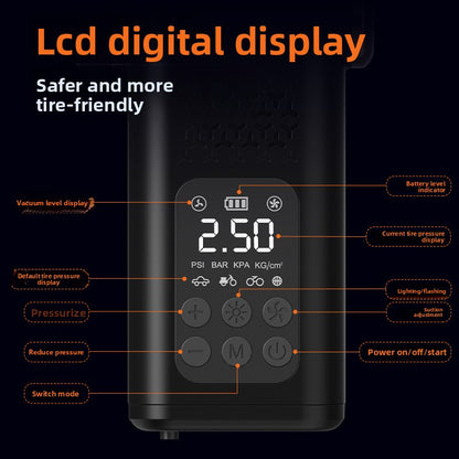 Black 4-in-1 Car Vacuum Cleaner and Tyre Inflator Portable Cordless Air Pump with LED Light and Digital Pressure Gauge