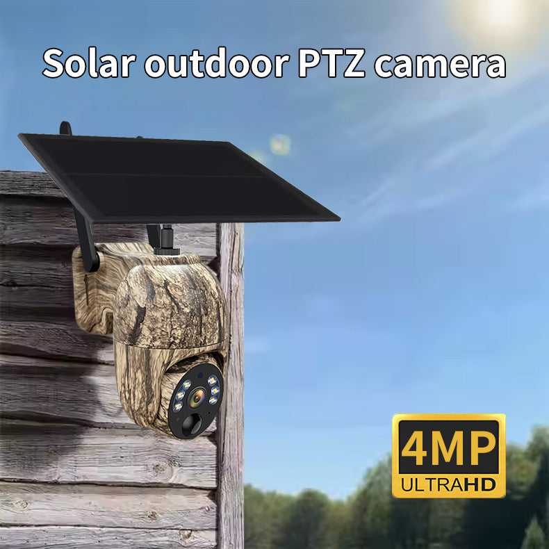 4MP Solar Security Camera Wireless WiFi Camouflage Wood Texture PTZ Outdoor Surveillance for Garden and Farm
