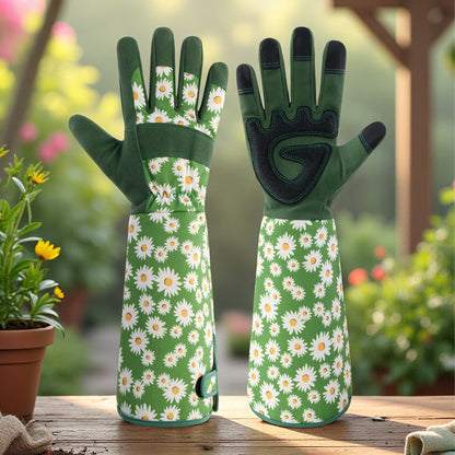 Green Long Gardening Gloves Thorn Proof Rose Pruning Gauntlets with Touchscreen Fingertips Breathable Forearm Protection Daisy Print
