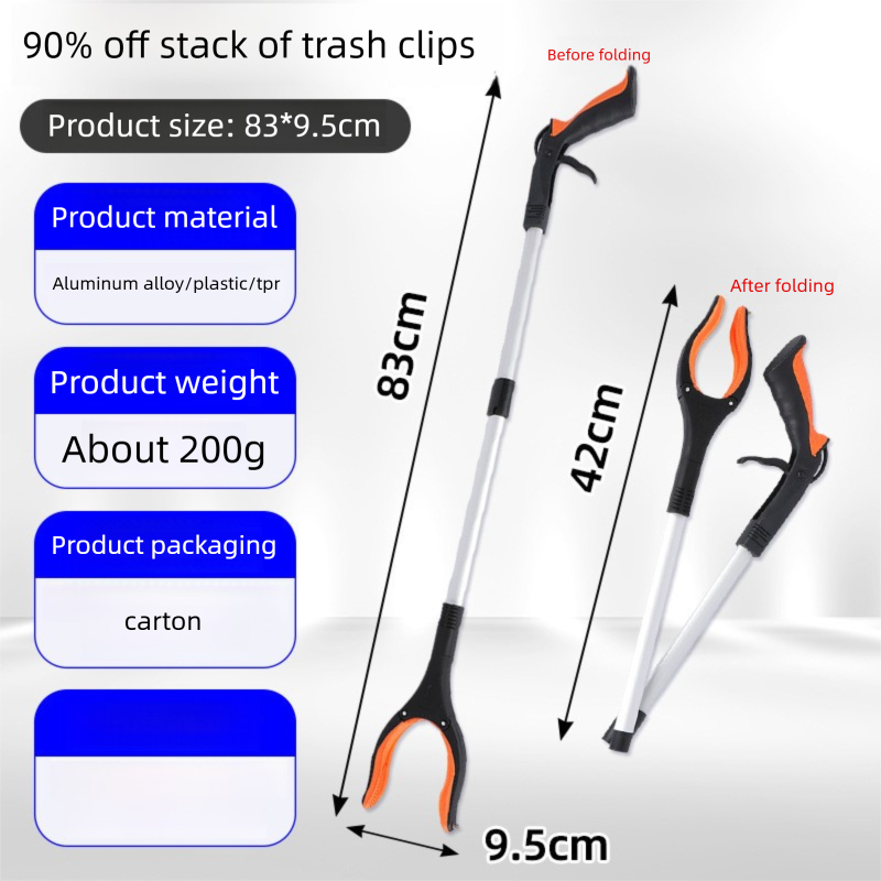 Orange and Black Handle Foldable Grabber Reacher Tool - 83cm Aluminium Litter Picker with Magnetic Tip - Lightweight Mobility Aid for Garden & Home Rubbish Cleanup