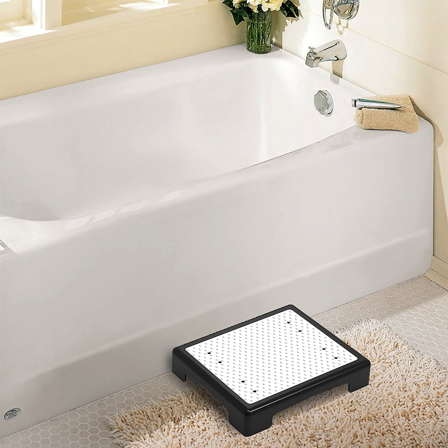 Portable Outdoor Half Step Stool Non-Slip Mobility Aid Large Platform 43x33cm for Elderly Home Car & Bath Use Black Base with White Top Mat