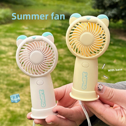 Mini Handheld Fan Rechargeable Portable Personal Cooling Device Cute Bear Design 3 Speed Adjustable with Stand Lanyard for Travel Kids Office Beige