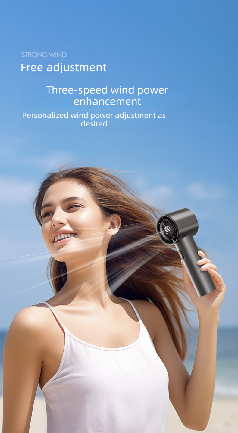 High Speed Handheld Turbo Fan Light Luxury Grey 3 Adjustable Speeds LED Display Portable Personal Cooling Fan Rechargeable for Travel Office Outdoor