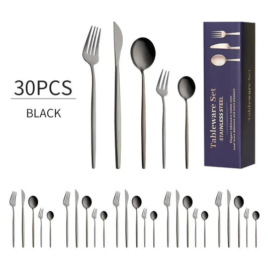 30-Piece Black Portuguese Style Cutlery Set - Mirror Polished 410 Stainless Steel Dinnerware for 6 (Steak Knives Included)