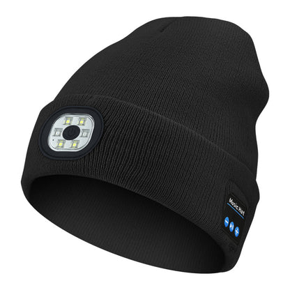 Black Removable LED Bluetooth Headphone Beanie - Washable Knit Hat with 3-Level LED Illumination & Stereo Sound, USB Rechargeable