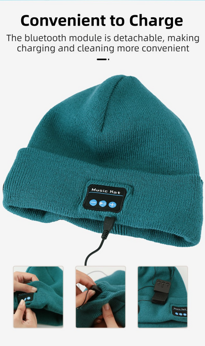 Black Removable LED Bluetooth Headphone Beanie - Washable Knit Hat with 3-Level LED Illumination & Stereo Sound, USB Rechargeable