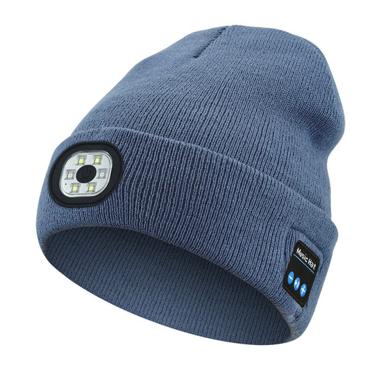 Light Blue Removable LED Bluetooth Headphone Beanie - Washable Knit Hat with 3-Level LED Illumination & Stereo Sound, USB Rechargeable