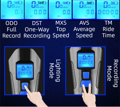 Blue Professional 3-in-1 Waterproof Bicycle Headlight with Integrated Speedometer & Horn - High-Lumen Night Riding Safety Lamp, USB Rechargeable Bike Computer