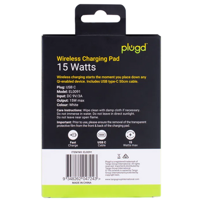 PLUGD 15W USB-C Qi Wireless Charging Pad for iPhone & Android Phones