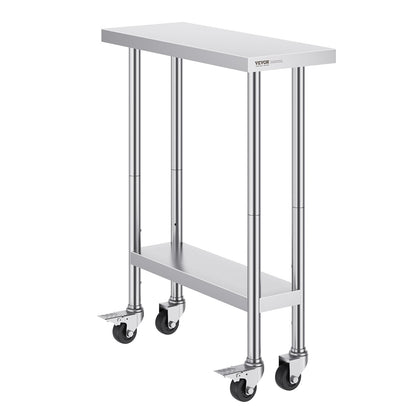 VEVOR Stainless Steel Work Table 30 x 12 x 38 Inch, with 4 Wheels, 3 Adjustable Height Levels, Heavy Duty Food Prep Worktable for Commercial Kitchen Restaurant, Silver