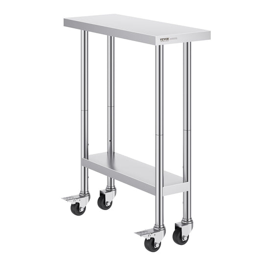 VEVOR Stainless Steel Work Table 30 x 12 x 38 Inch, with 4 Wheels, 3 Adjustable Height Levels, Heavy Duty Food Prep Worktable for Commercial Kitchen Restaurant, Silver