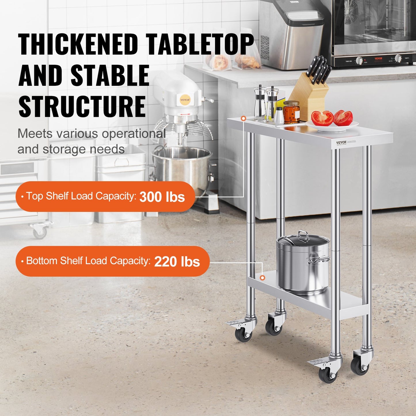 VEVOR Stainless Steel Work Table 30 x 12 x 38 Inch, with 4 Wheels, 3 Adjustable Height Levels, Heavy Duty Food Prep Worktable for Commercial Kitchen Restaurant, Silver