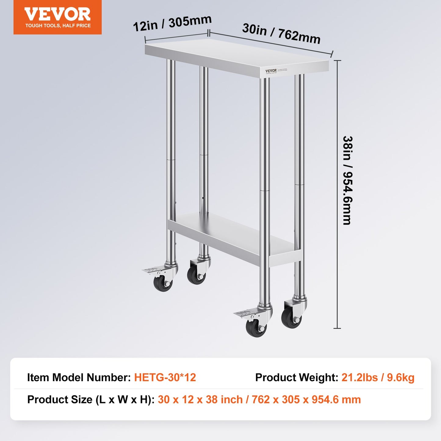 VEVOR Stainless Steel Work Table 30 x 12 x 38 Inch, with 4 Wheels, 3 Adjustable Height Levels, Heavy Duty Food Prep Worktable for Commercial Kitchen Restaurant, Silver