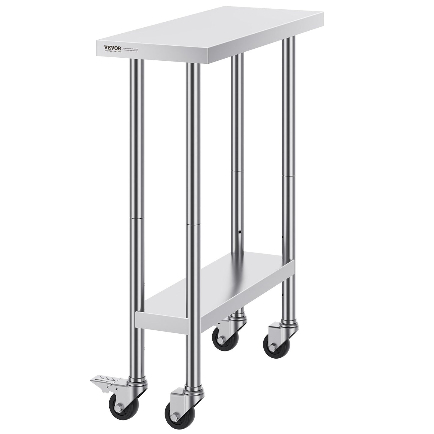 VEVOR Stainless Steel Work Table 30 x 12 x 38 Inch, with 4 Wheels, 3 Adjustable Height Levels, Heavy Duty Food Prep Worktable for Commercial Kitchen Restaurant, Silver